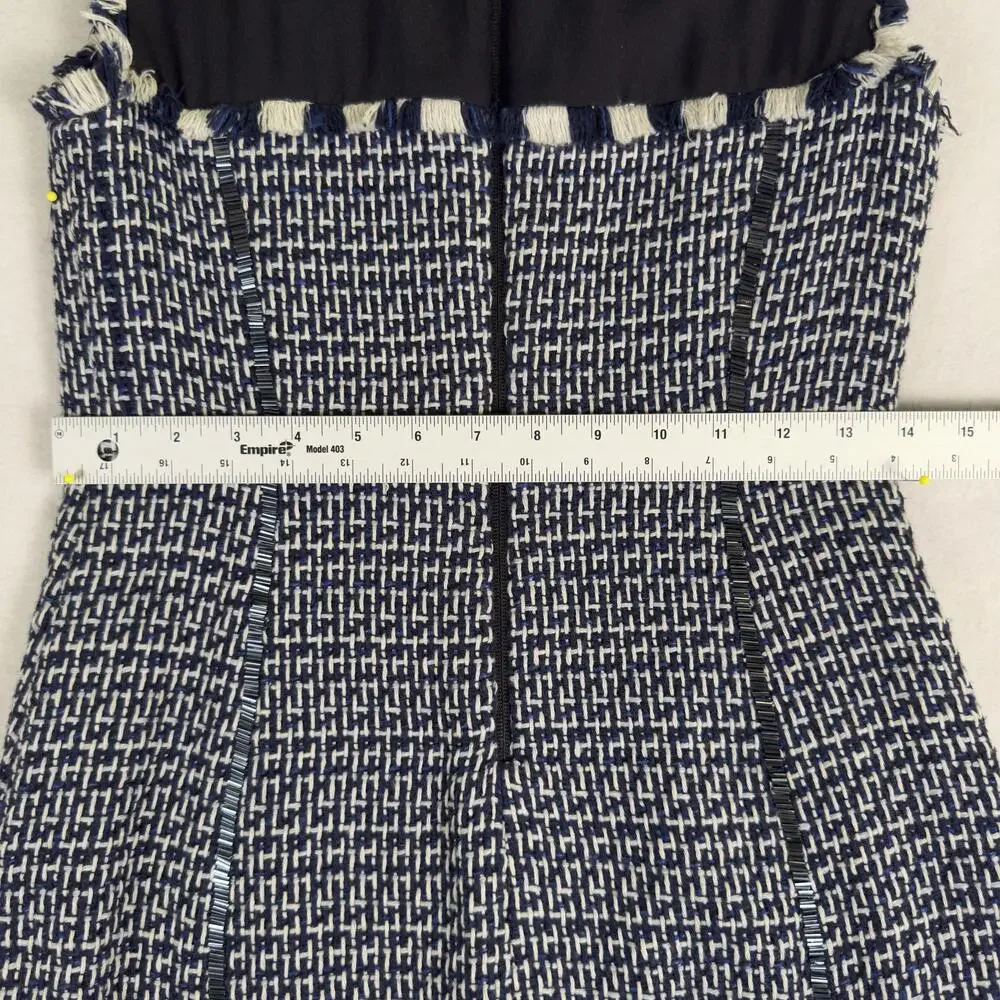 TORY BURCH Tweed Sheath Dress Mixed Media Fringe Beaded Seams Navy Cream Size 2